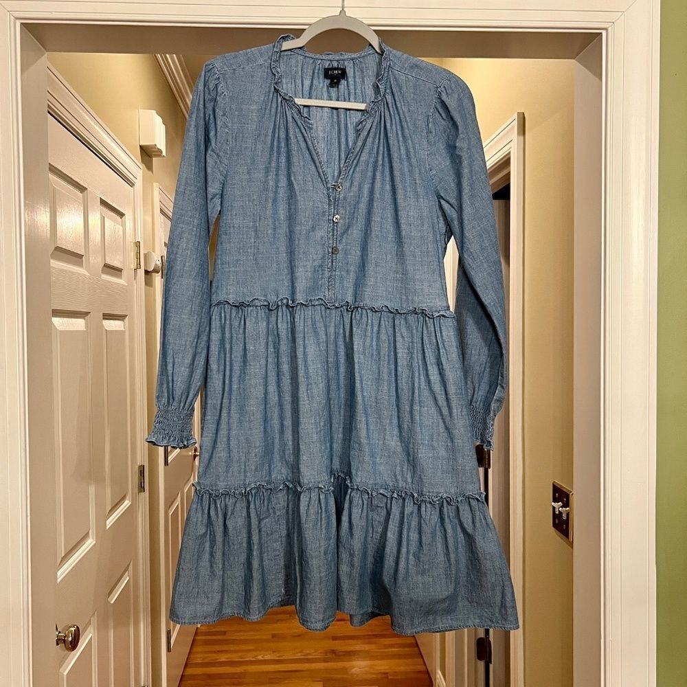 NWOT J.Crew Factory Tiered Ruffle Cotton Blue Long Sleeve Chambray Dress Size 6 - Picture 2 of 2